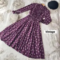 ⭐️レトロ古着　紫　花柄　ベルト付　ワンピース⭐️昭和　ヴィンテージ 春　パープル