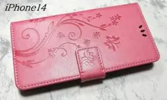 手帳型 iphone14/13 用 スマホケース 草花 蝶 エンボス ピンク