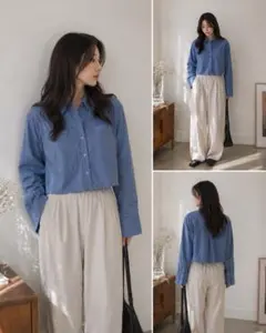 forksy. 完売品 クロップド丈 ワイドスリーブ シャツ ブルー綿100%Fのサムネイル
