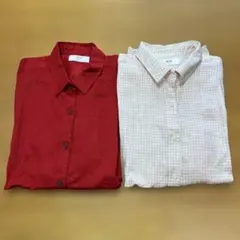 ユニクロ　赤とベージュチェックの長袖シャツ2枚セット　XL