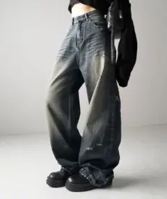 Y2Kヴィンテージダメージワイドルーズデニム　ワイドレッグデニム