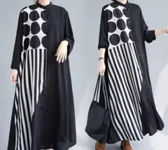 ノーカラー シャツワンピース モノトーン 水玉 ストライプ 白 黒 フリー