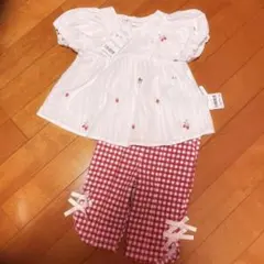 petit mainプティマイン いちご刺繍トップスとギンガムパンツセット