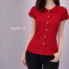 agnès b. 半袖トップス レッド 丸襟 ボタン 上品