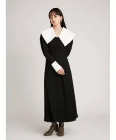 LA7953 スナイデル ロングワンピース 長袖 フレア リボン 襟付き 黒 ０