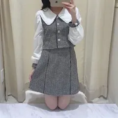 チェック柄ミニワンピース 長袖　ツイードセットアップ