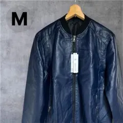 フェイクレザージャケット M ネイビー 黒リブ ジップアップ ブルゾン MA1