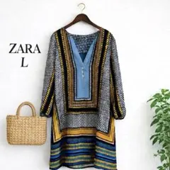 ZARA 総柄チュニックワンピース L 七分袖　ザラ　華やか　高見え　上品