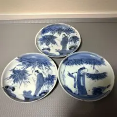 骨董皿⭐印版染付皿⭐桜咲く漁人綱打ち漁図⭐明治期⭐11枚セット⭐希少