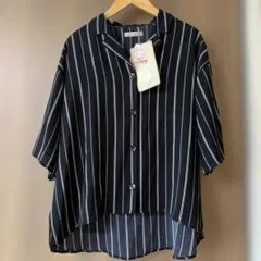 新品 しまむら Lax Dan Tia 五分袖シャツ ストライプ L