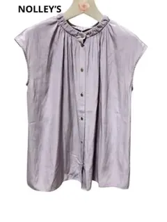 NOLLEY’Sフレンチスリーブギャザーブラウス 38ラベンダー 金ボタン 光沢