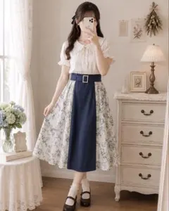 美品 axes femme 花柄 パールバックルベルト付き ロングスカートのサムネイル