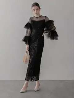 フリルチュールスリーブレースIラインワンピースドレス結婚式パーティー成人式二次会