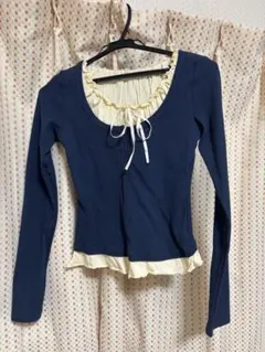 リボンレイヤード風フリルトップス　ネイビー