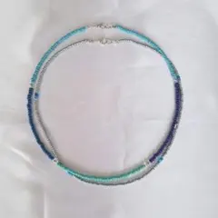 No.113 ビーズネックレス　ハンドメイド　重ね付け2個セット ブルー　青系