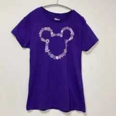 人気 ディズニー ミッキーマウス 花柄 Tシャツ パープル 紫 レディース 古着