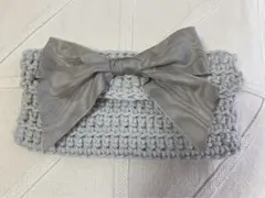 ハンドメイド　小物入れ　メガネケース　ペンケース　編み物　リボン　グレー