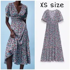 ZARA　フラワー柄ミディワンピース　XSサイズ　ブルー