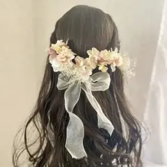 アートフラワーの紫陽花とワイヤーリボンの髪飾り　ピンクA