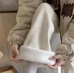 裏起毛　ワイドパンツ　白　ホワイト　防寒　極暖　カジュアル　コーデュロイ