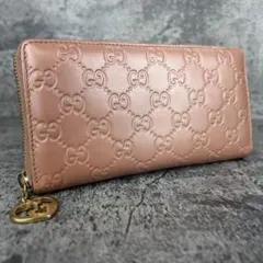 GUCCI ラブリーハート チャーム GG柄 ラウンド長財布 ピンク レザー