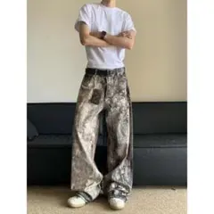 【XLサイズ】リアルツリー柄 カモ柄 ワイドパンツ デニム