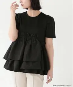 Fit more アシメペプラムジャガードトップス　ブラック