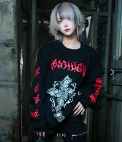 Amilige アミリージュ ロングTシャツ クロスロゴ レッド フリー