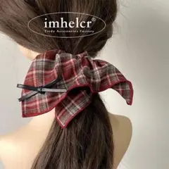 762 ヘアアクセ スクエアチェック シュシュ レッド 赤 リボン付 秋カラー