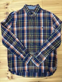ネイビー・オレンジ・イエロー・ブラウン　チェック柄コットン長袖シャツ