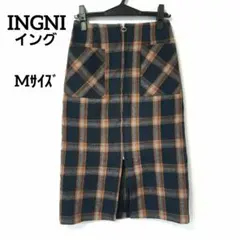 INGNI イング チェック ミモレ丈スカート 紺 オレンジ M 秋冬 ポケット