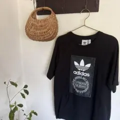 adidas Tシャツ 黒 トレフォイルロゴ カモ柄風 プリント 海外M 古着