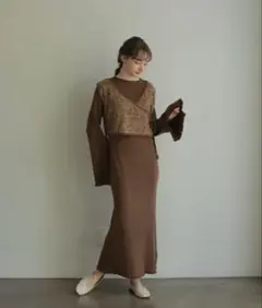 onetome ブラウン ニット ワンピース ビスチェセット レディース 秋服
