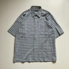 レトロ チェック柄 半袖シャツ ブルー系 開襟風 M 古着 グランジ カジュアル