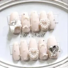 ネイルチップ フレンチガーリー リボン ハートネイル 量産型 韓国