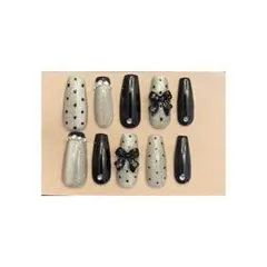 黒×シルバー リボンネイルチップ ドット 大人ガーリー 推しネイル　10個セット