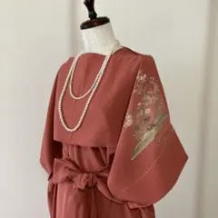 着物リメイク　プルオーバーワンピース　ポンチョ風ケープ　リボン紐付き