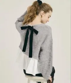 coca バックリボン異素材ドッキングニットトップス