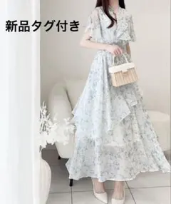 新品タグ付 mily bilet シフォン楊柳ムラ柄 ロングワンピース ブルーのサムネイル
