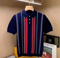 ネイビー×マルチストライプ 半袖ニットポロシャツ