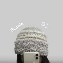 ビーニー ニット帽 編み物 ハンドメイド もふもふ 水色 白 グレー ボーダー