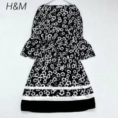 エイチアンドエム　H&M 花柄ワンピース　白黒　S ひざ丈　ウエストリボン　長袖のサムネイル