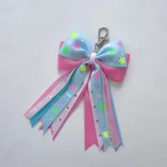 치어 ☆ 리본 열쇠 고리 ☆ 라이트 블루 x 핑크 ☆ 핸드메이드