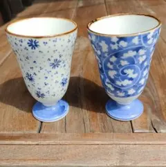 美品 青 白 カップ セット ペア ボタニカル 陶器