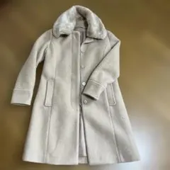 ベージュ ウール混合 ロングコート ファー付き