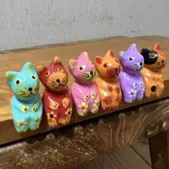 バリ猫6匹組M 猫の木彫り人形 バリ雑貨 バリ島 アジアン雑貨 バリネコ セット