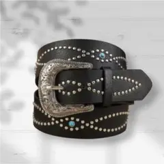 ウエスタンベルト　ブラック　ターコイズ風　スタッズ　Y2K　ウエスタン　男女共用