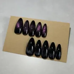 ハンドメイドブラックネイル マグネットネイル(パープル ピンク)