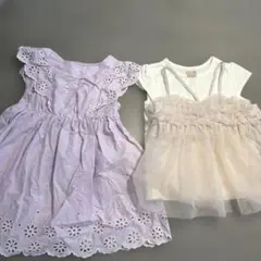 ラベンダー刺繍ワンピースとチュールトップスセット