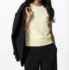 新品 ユニクロ UVカット クルーネックセーターイエロー L 半袖ニット